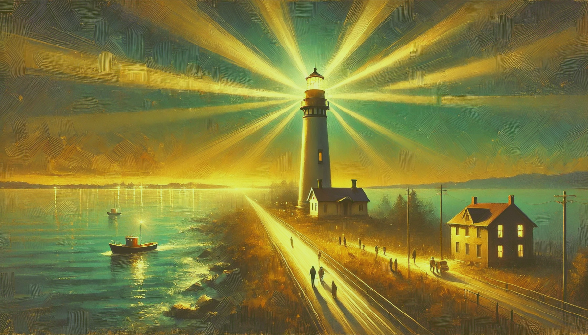 Lighthouse illuminating Baltimore skyline
