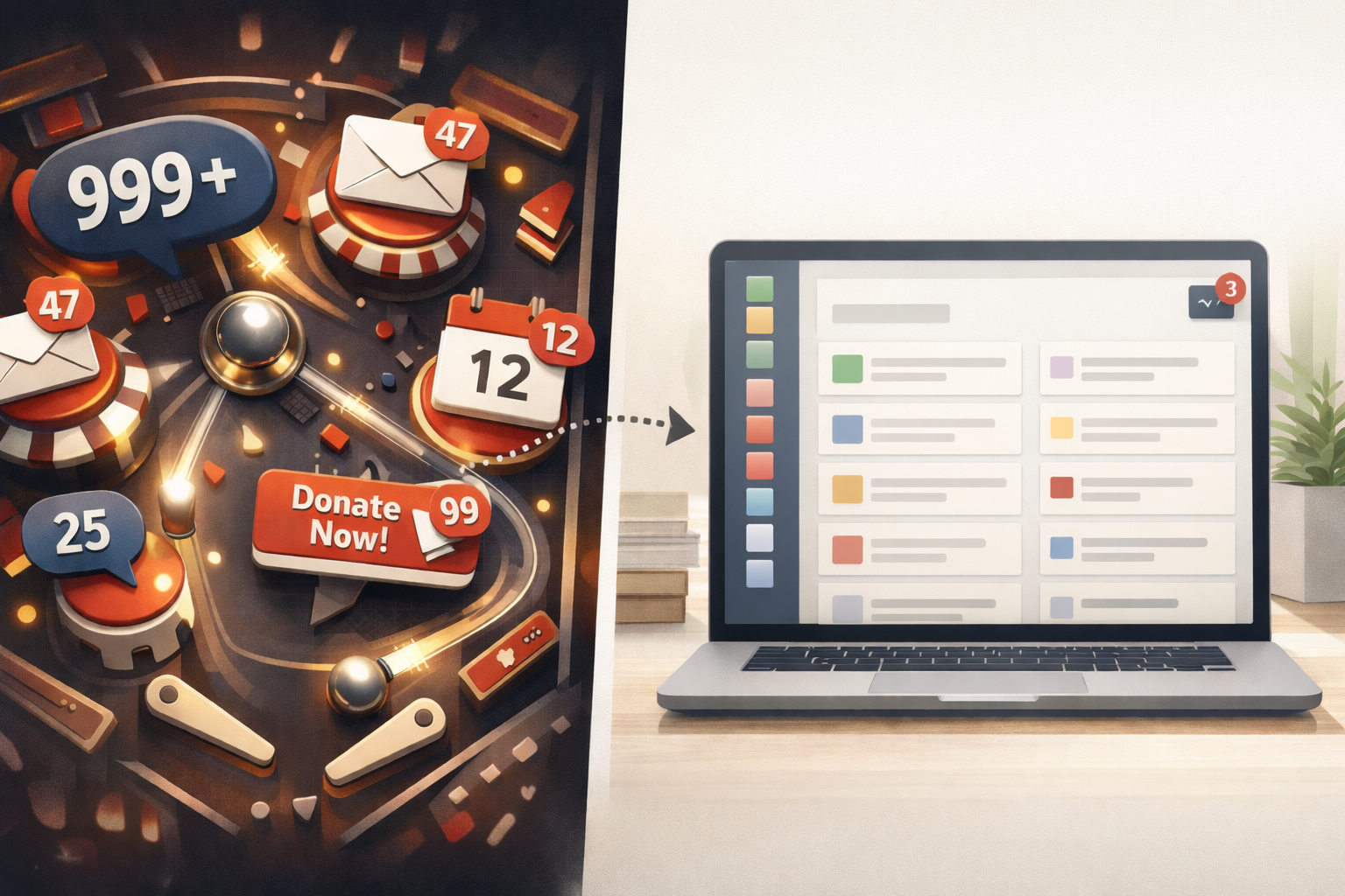 Split-screen illustration: chaotic notification pinball on the left transforms into a calm, unified multi-organization dashboard on the right.